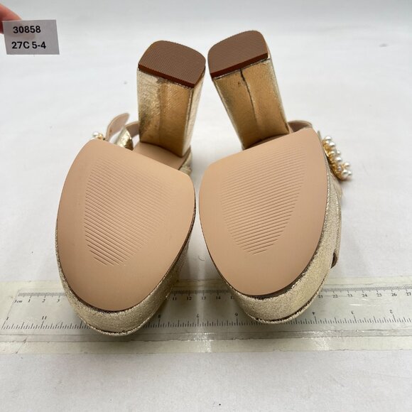 XYD Light Gold Open Toe Chunky Heel Platform Pearl Buckle Ankle Strap Sandals - Picture 7 of 8